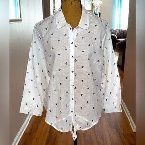 Hester & Orchard NWOT white nautical Anchor print linen blend button down shirt
